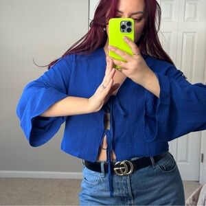 Indigo blue women blouse T-shirt flared sleeves size L